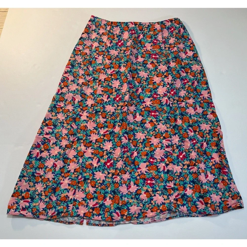 LOFT Linen Skirt Floral Midi Skirt‎ 00P Multicolor Side Slit A-Line Ditsy Summer